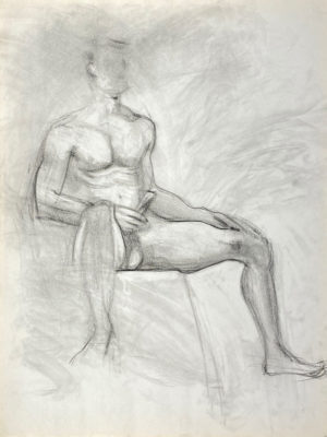 charcoal drawing of nude male model playing with himself