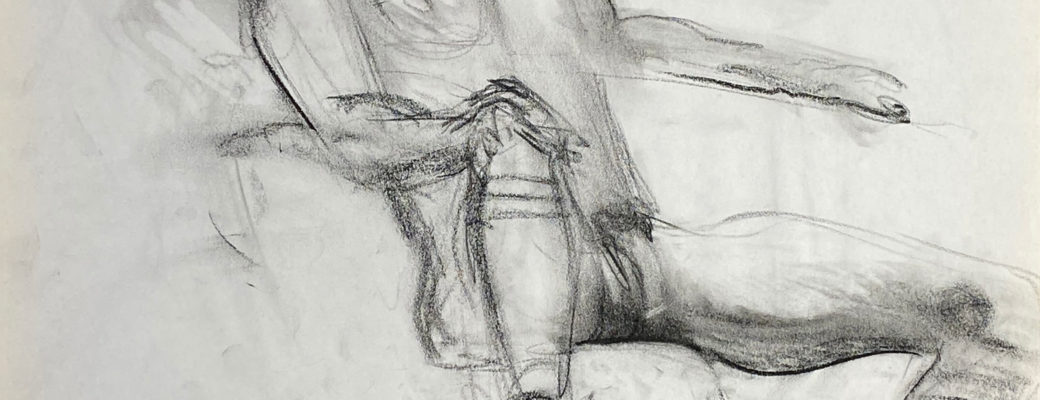 charcoal drawing of nude male model sitting in sneakers, gaiters & baseball cap