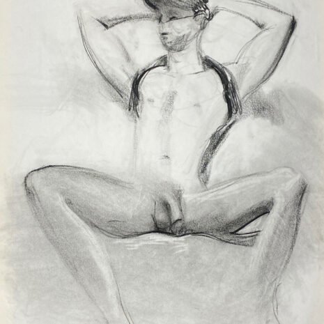 charcoal drawing of nude male model sitting in black t-shirt and baseball cap