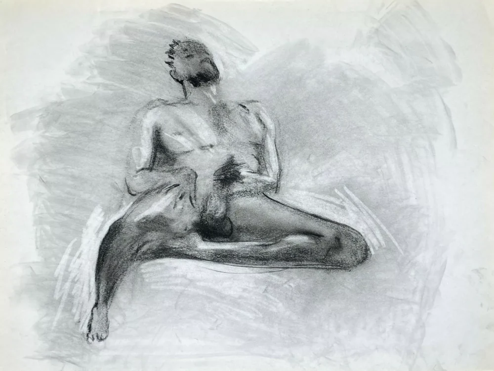 Dustin Enjoying Himself charcoal drawing of nude male model playing with himself