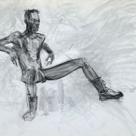 charcoal drawing of sitting male model in leather boots