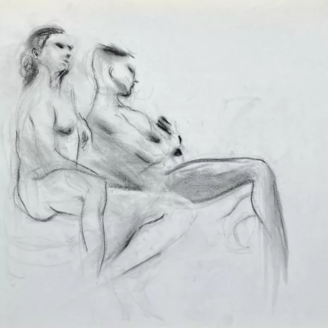 charcoal drawing of two male models sitting sideward