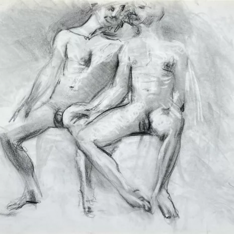 charcoal drawing of two male models sitting