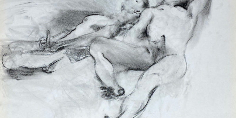 charcoal drawing of two male models masturbating