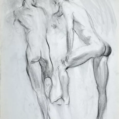 charcoal drawing of two male models nude from backside