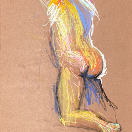 pastel drawing of male model in white tank from backside