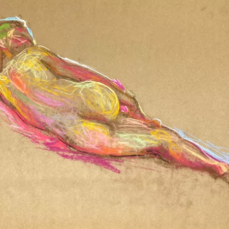 pastel drawing of male model laying from backside