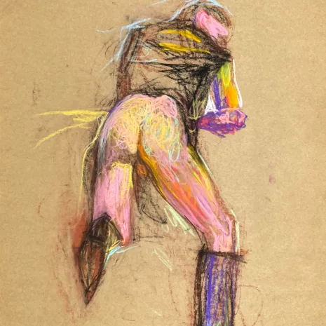 pastel drawing of male model in Harley Davidson leather vest and cowboy boots from backside