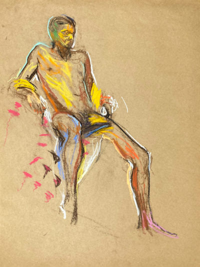 pastel drawing of male model sitting on ornamented drape