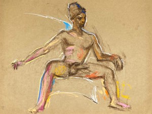 pastel drawing of sitting naked male model in turban