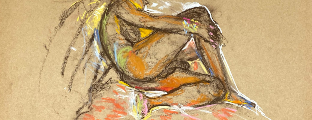 pastel drawing of male model reclining on ornamented drape