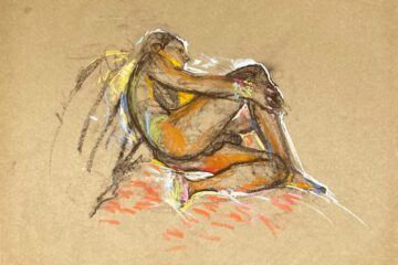 pastel drawing of male model reclining on ornamented drape