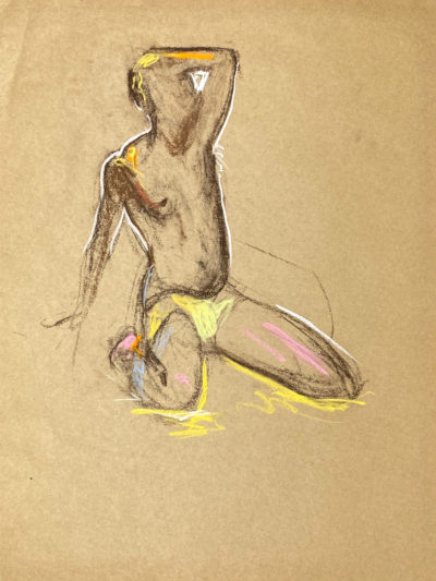 pastel drawing of sitting male model in yellow trunks