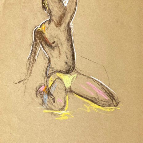 pastel drawing of sitting male model in yellow trunks