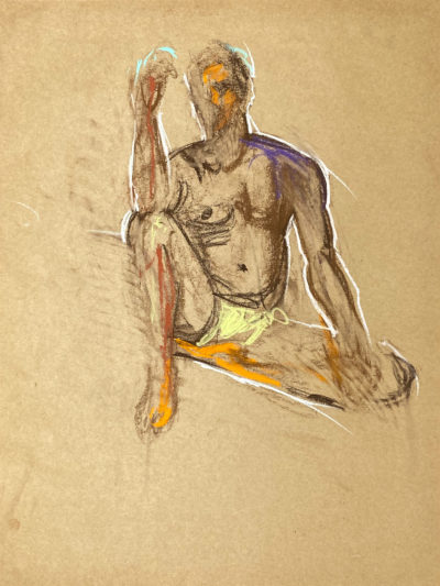 pastel drawing of sitting male model in yellow trunks