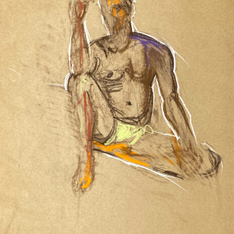 pastel drawing of sitting male model in yellow trunks