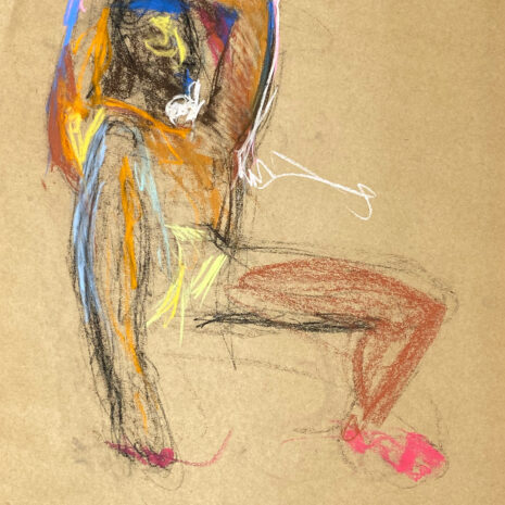 pastel drawing of sitting male model in yellow trunks