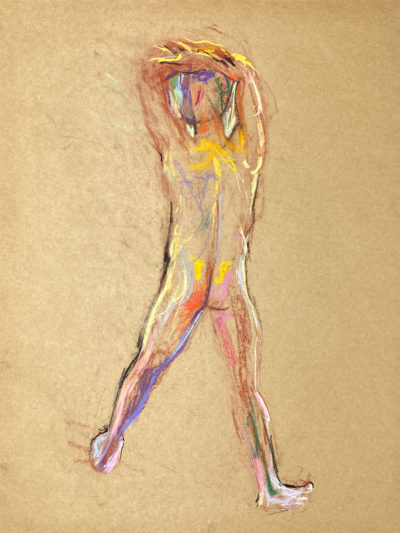 pastel drawing of male model standing from backside