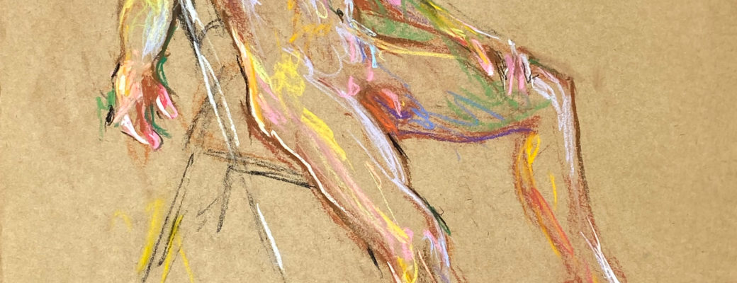 pastel drawing of male model sitting on chair