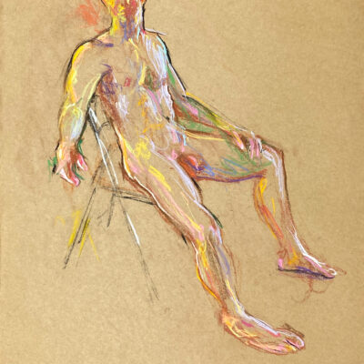 pastel drawing of male model sitting on chair