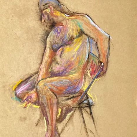 pastel drawing of male model sitting on chair