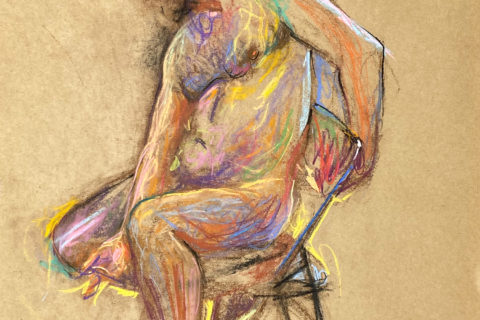 pastel drawing of male model sitting on chair