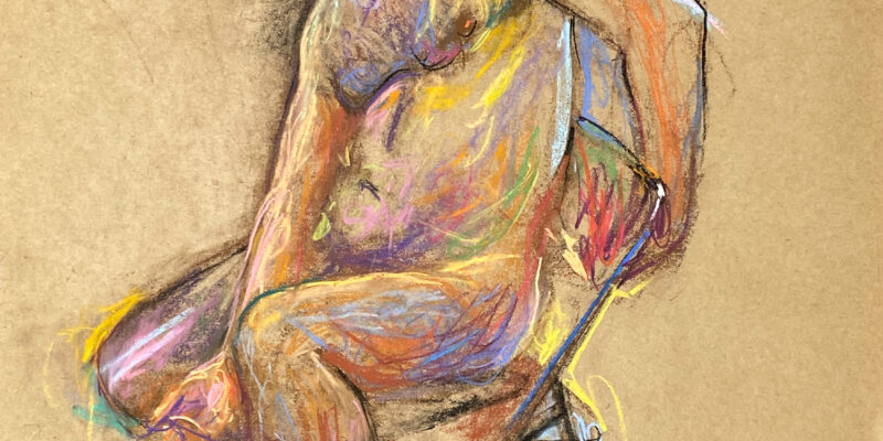 pastel drawing of male model sitting on chair