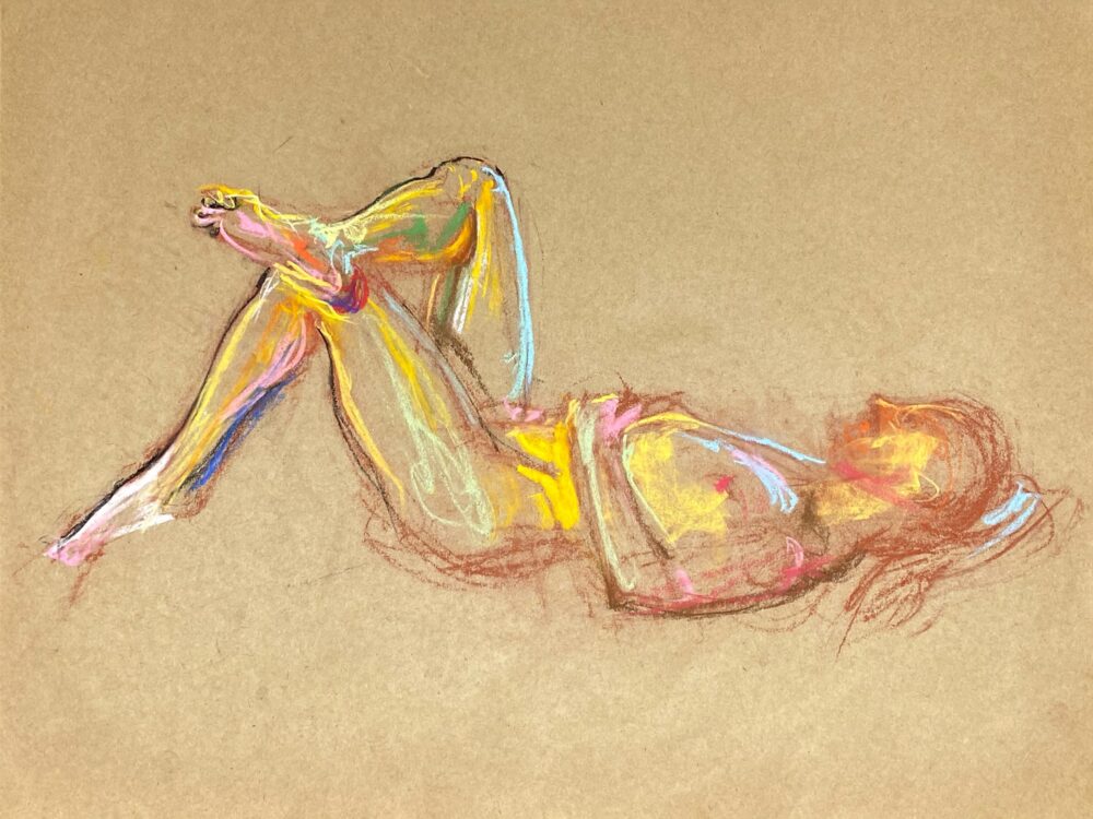 Nikolas in Red pastel drawing of male model laying