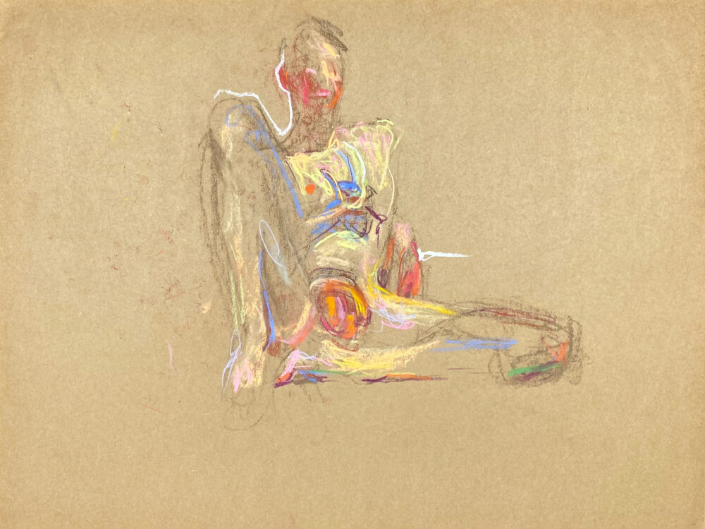 pastel drawing of sitting naked male model with banana