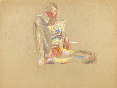pastel drawing of sitting naked male model with banana