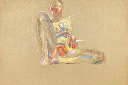 pastel drawing of sitting naked male model with banana