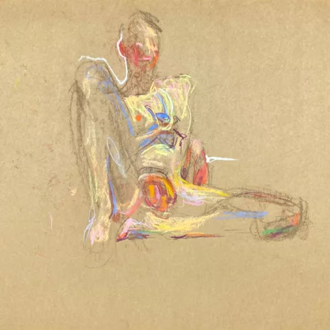 pastel drawing of sitting naked male model with banana