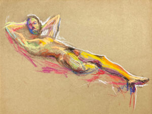 pastel drawing of laying naked male model from frontside