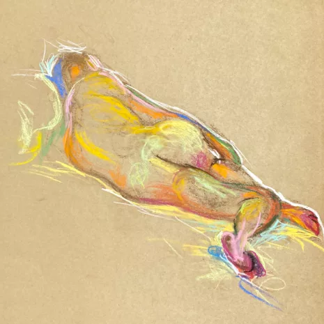 pastel drawing of laying male model from backside