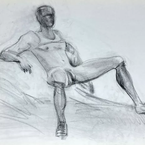 charcoal drawing of a naked man in tank and boxer helmet