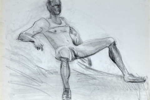 charcoal drawing of a naked man in tank and boxer helmet