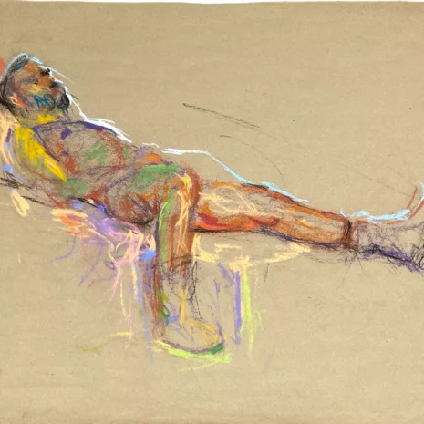 pastel drawing of male model in caterpillar boots reclining