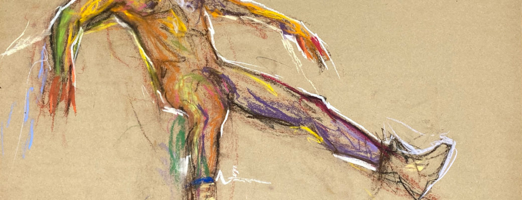 pastel drawing of male model in caterpillar boots