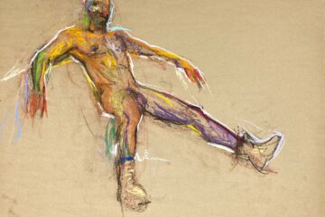 pastel drawing of male model in caterpillar boots