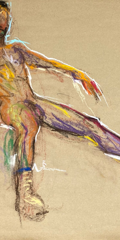 pastel drawing of male model in caterpillar boots