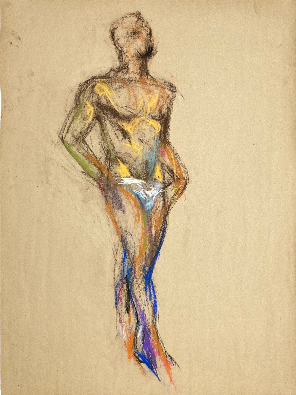 pastel drawing of male model in white briefs