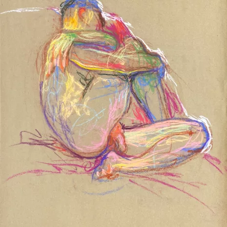 pastel drawing of nude male model in closed pose