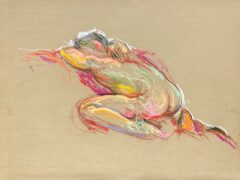 pastel drawing of nude male model laying prone on purple drape