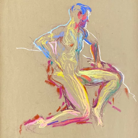 pastel drawing of male model sitting nude