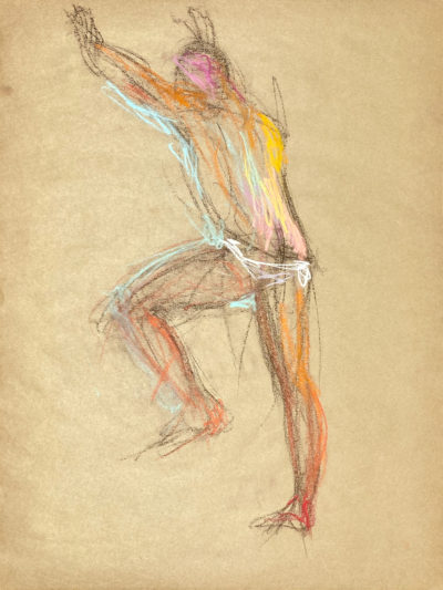 pastel drawing of male model in white briefs from backside