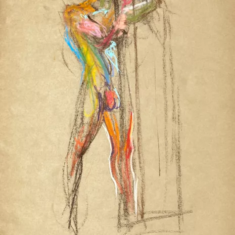 pastel drawing of male model holding props