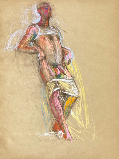 pastel drawing of male model in white tank and boxers