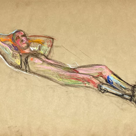 pastel drawing of male model reclining in boots and black tank