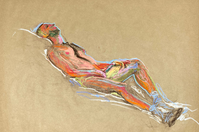 pastel drawing of male model reclining