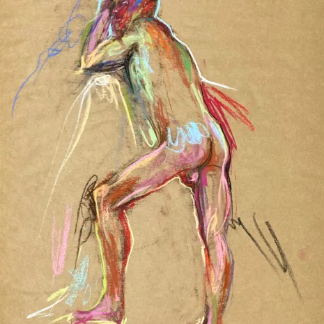 pastel drawing of male model from backside